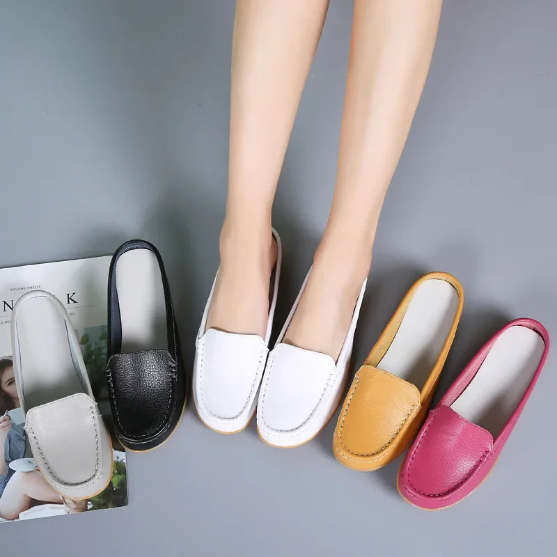 Summer Genuine Leather Women Flats Hollow Slip On Leather Loafers