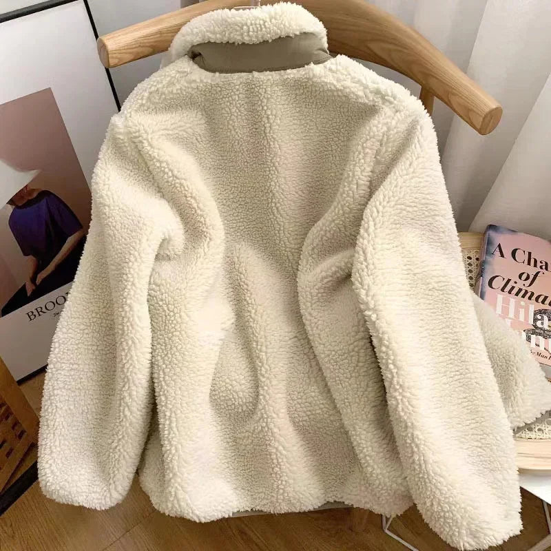 Fashion Lamb Plush Jacket Women's Autumn Winter New Pocket Zipper Long