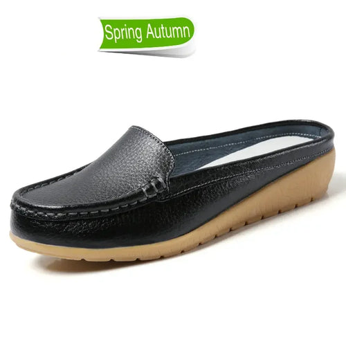 Summer Genuine Leather Women Flats Hollow Slip On Leather Loafers