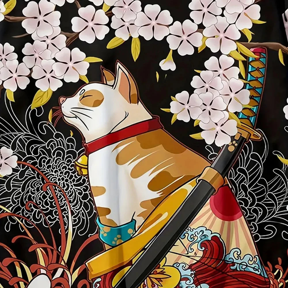 Japanese Cat Print Kimono Adult Yukata Samurai Kimonos Shirt Clothing