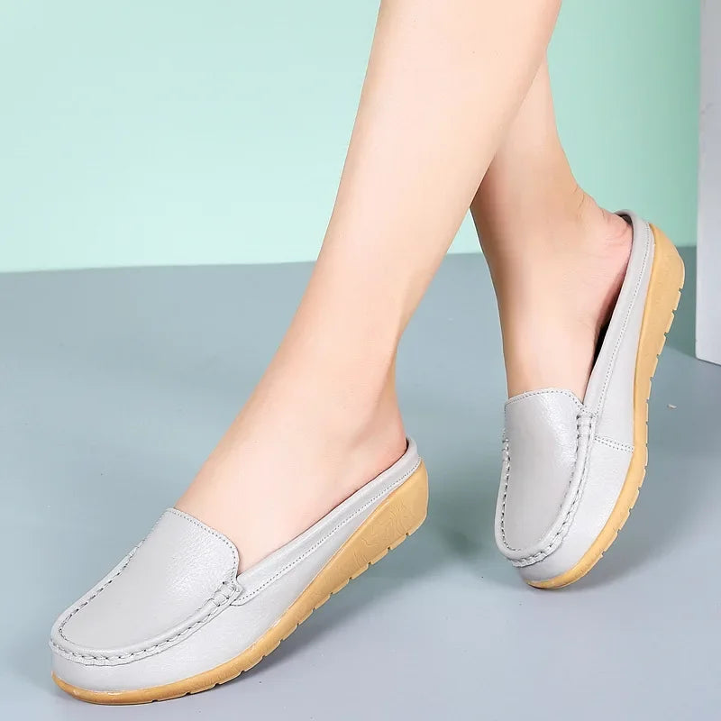 Summer Genuine Leather Women Flats Hollow Slip On Leather Loafers