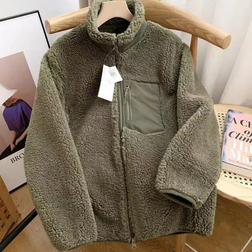 Fashion Lamb Plush Jacket Women's Autumn Winter New Pocket Zipper Long