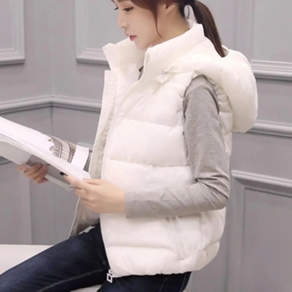 Sleeveless Stand Collar Slant Pockets Zipper Vest Overcoat Women