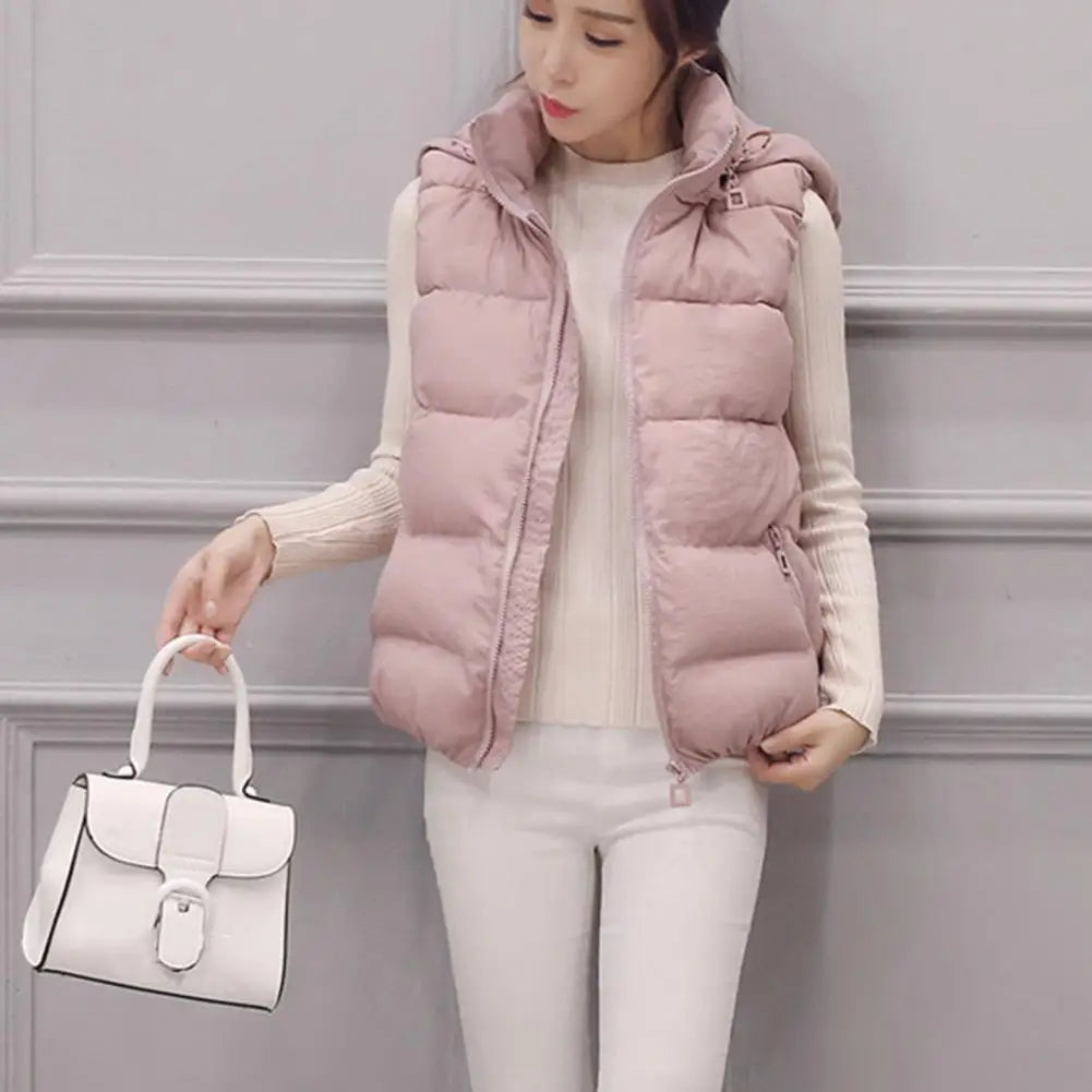 Sleeveless Stand Collar Slant Pockets Zipper Vest Overcoat Women