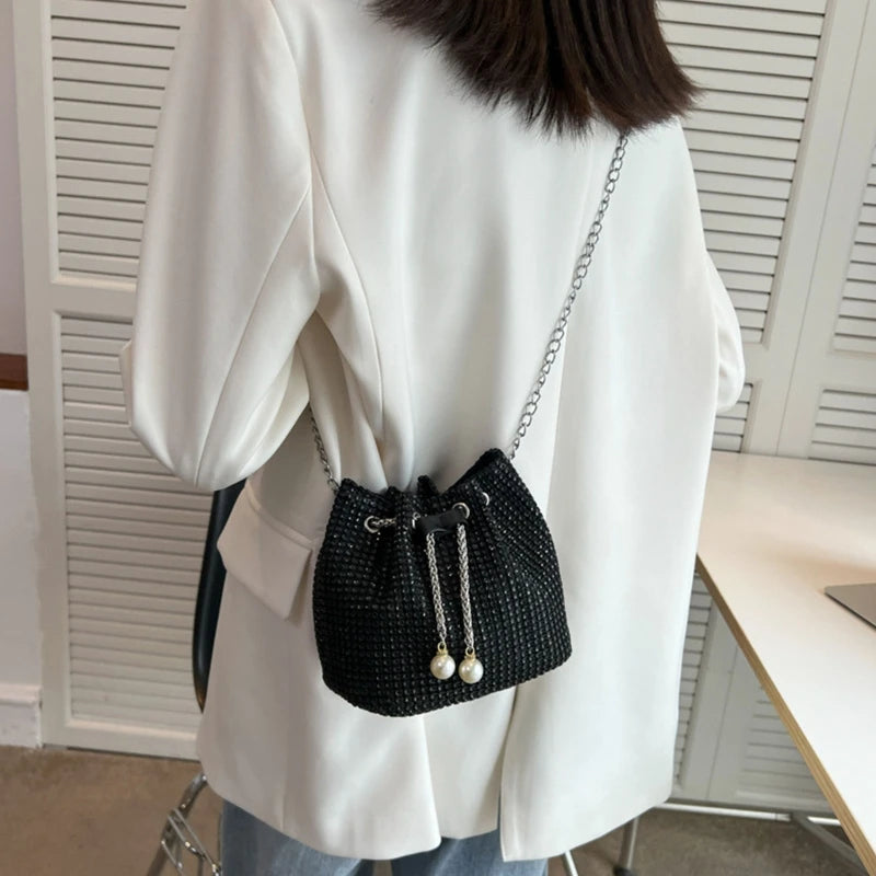 Stylish Rhinestone Bucket Bag Women Fashion Pearl Chain Crossbody Bag