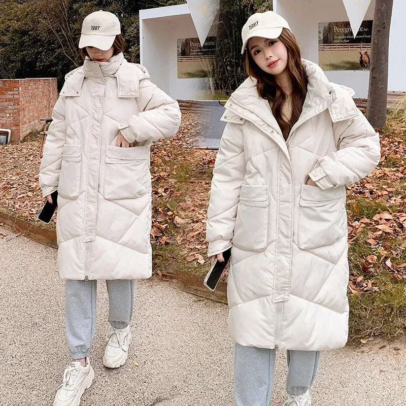 2023 New Women Winter Parkas Long Jacket Zipper Loose Puffer Parka