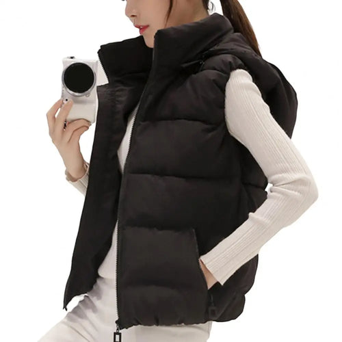 Sleeveless Stand Collar Slant Pockets Zipper Vest Overcoat Women