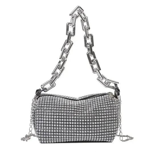 2024 Fashion Allover Rhinestone Bucket Bag Glitter Chain Prom Purse