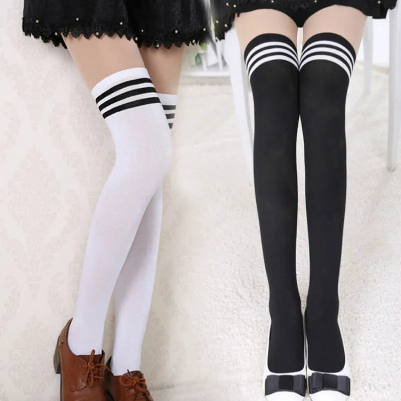 Sexy Black White Striped Long Socks Women Over Knee Thigh High Socks