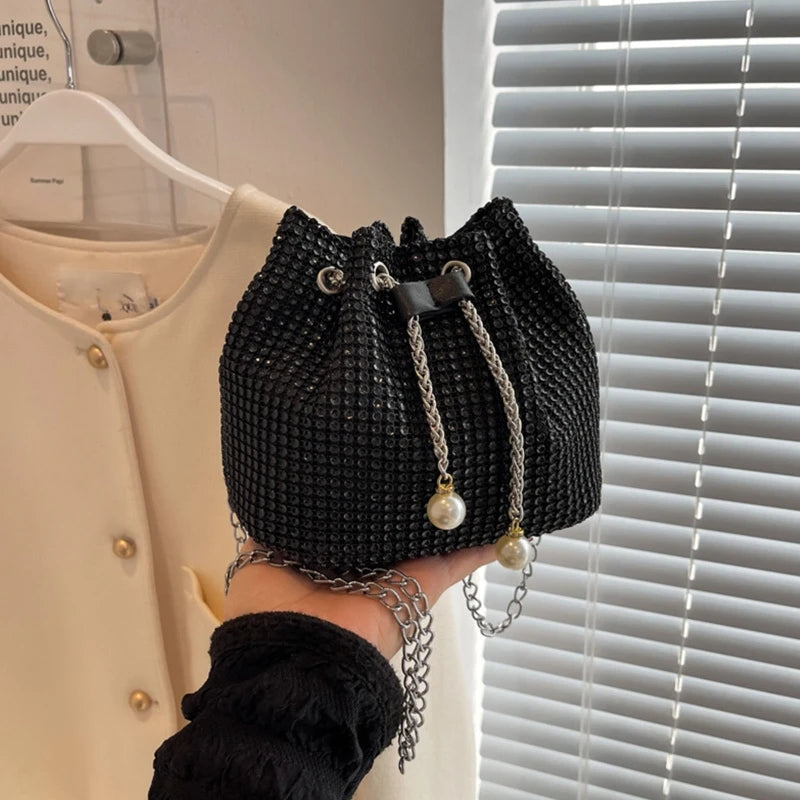 Stylish Rhinestone Bucket Bag Women Fashion Pearl Chain Crossbody Bag