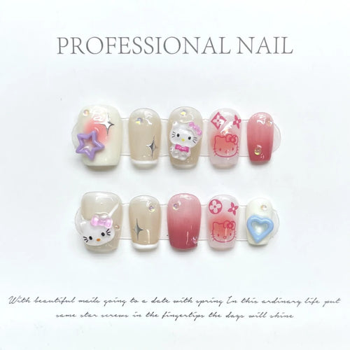 original Handmade pink hello kitty y2k press on nails boutique fake