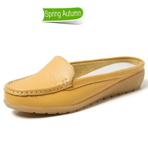 Summer Genuine Leather Women Flats Hollow Slip On Leather Loafers