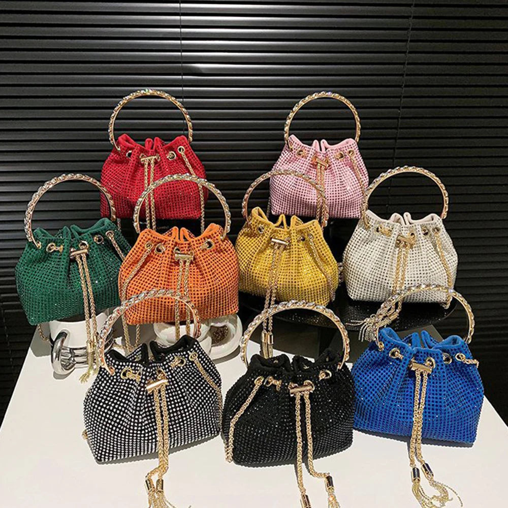 Candy Color Diamonds Bucket Bag Round Handle Handbags Drawstring