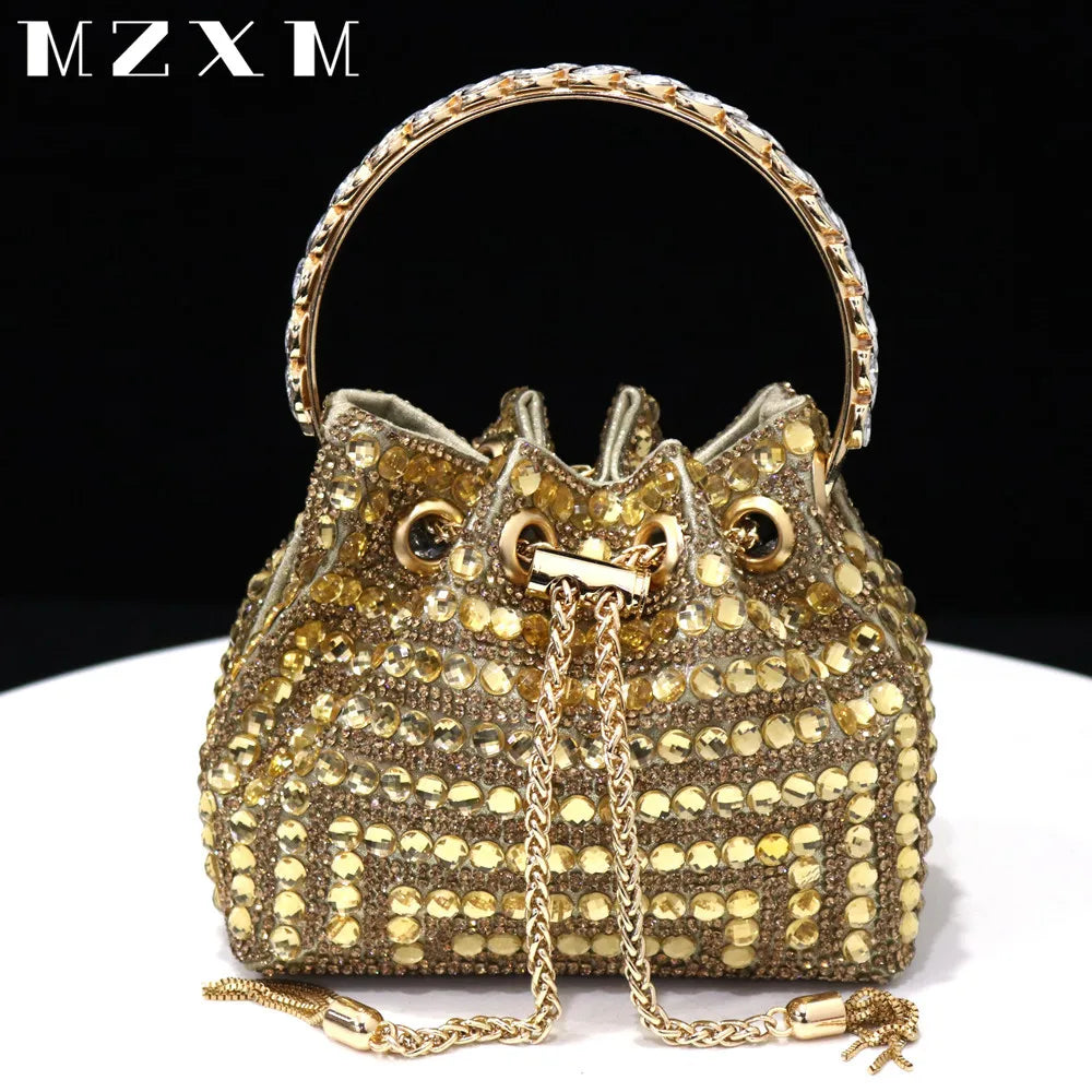 Rhinestones Women Evening Bags Bucket Design Party Day Clutch Soft