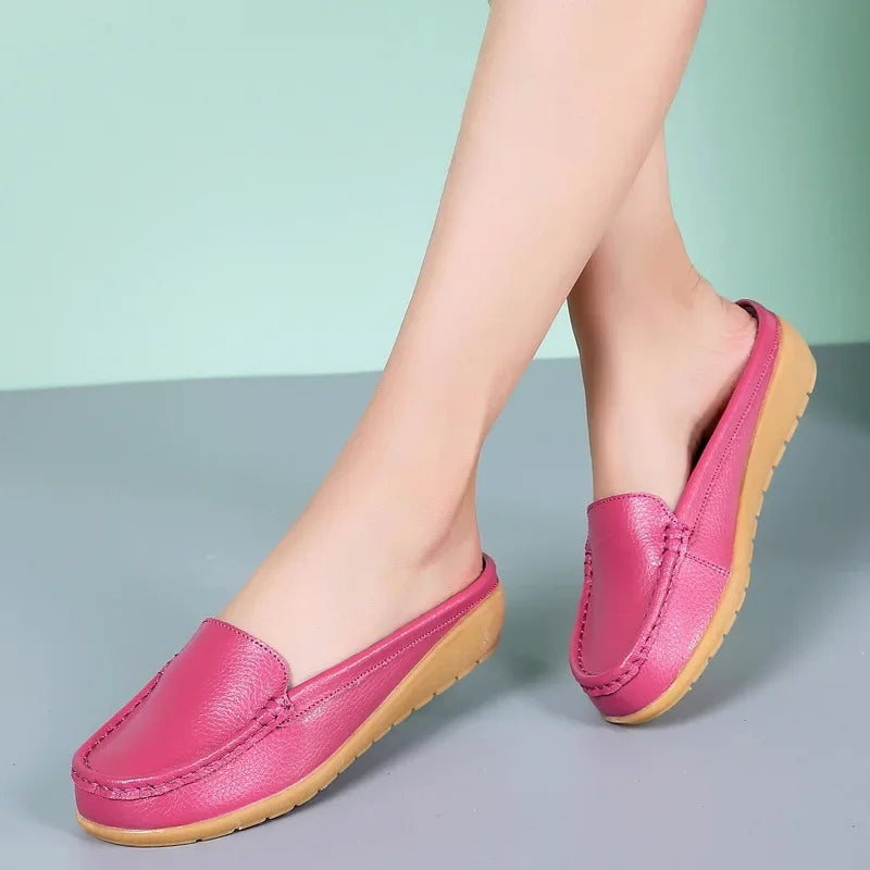 Summer Genuine Leather Women Flats Hollow Slip On Leather Loafers