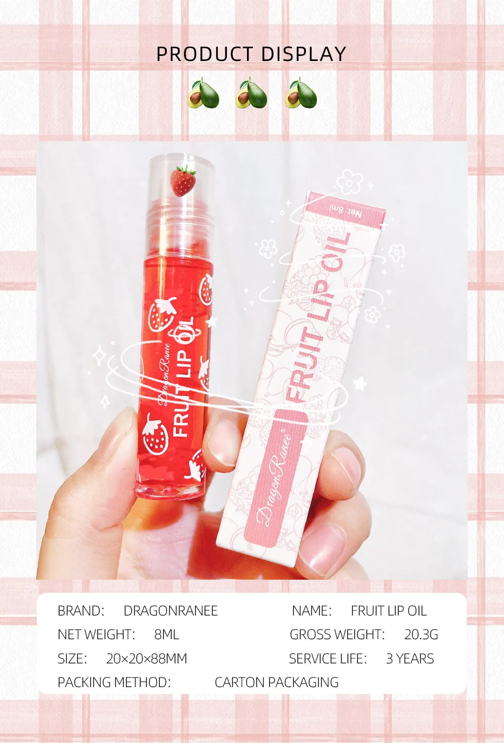 8ml Moisturizing Lip Oil Fruit Strawberry Roll-on Lip Balm Women Lips