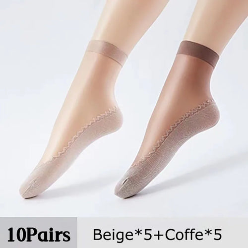 20pcs=10 Pairs Spring Summer Women Soft Socks Thin Silk Socks Non-Slip