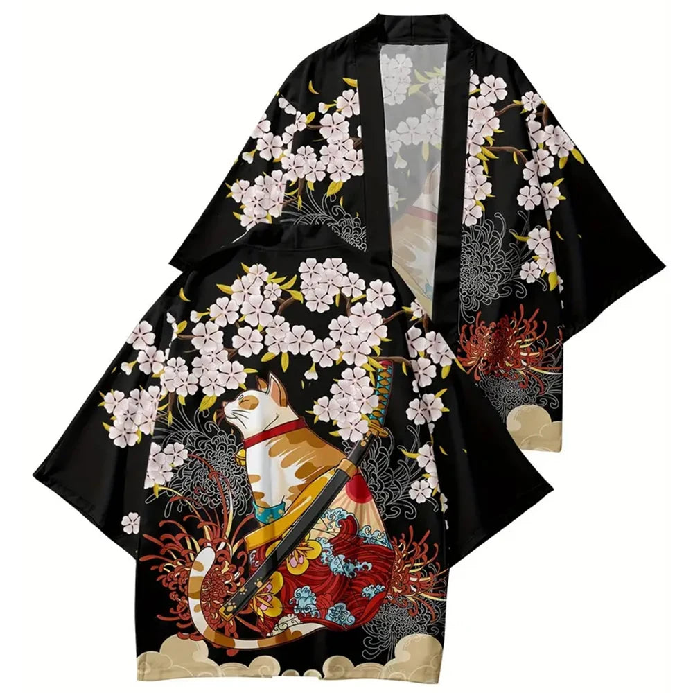 Japanese Cat Print Kimono Adult Yukata Samurai Kimonos Shirt Clothing