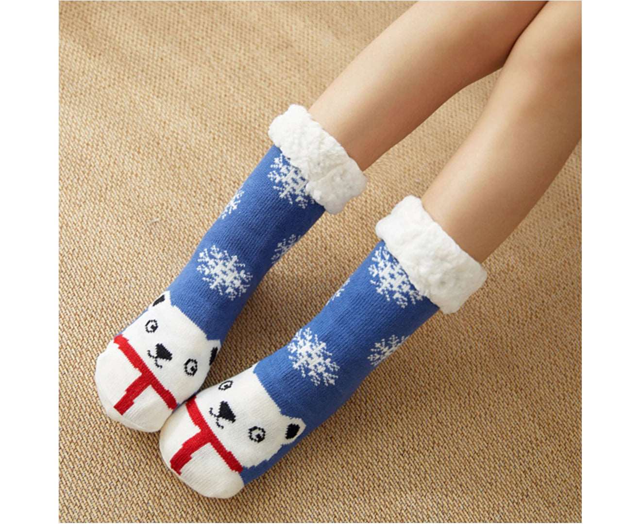 1 Pair Floor Socks Theme Stretchy Fuzzy Thickened Silicone Resistant Cozy Winter Thermal Women Indoor Home Slipper Sleeping Socks for Xmas-Blue - Blue