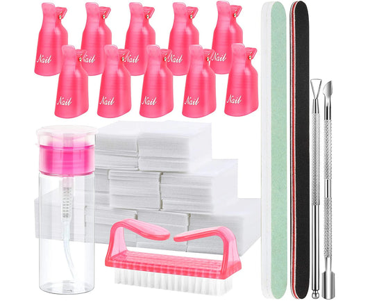 Nail Polish Gel Remover Tools Kit with Nail Clips, 100Ml Nail Polish Remover Bottle, 500 Nail Remover Cotton Pad, Nail Brush, Cuticle Pusher, Cuticle Peele