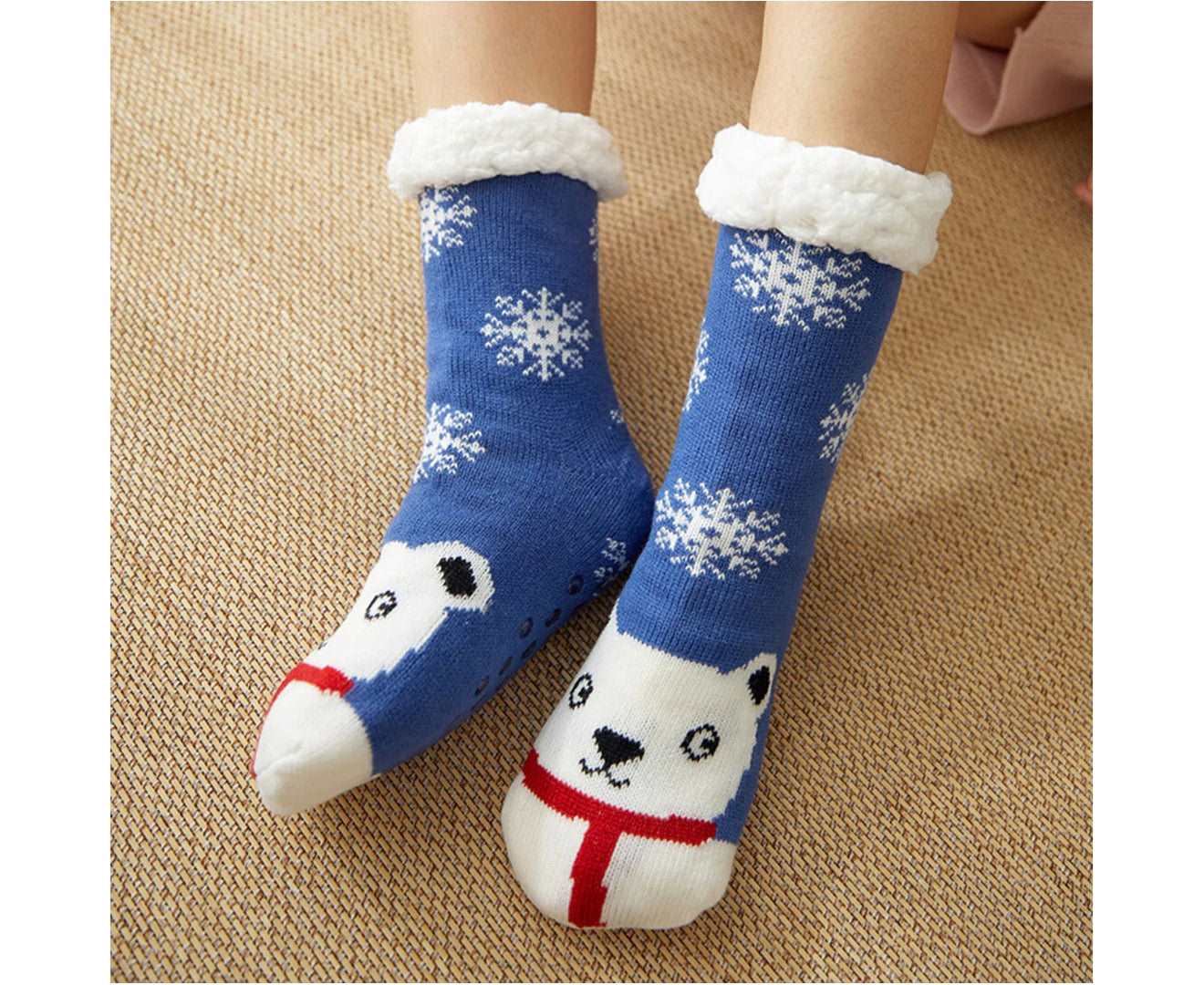 1 Pair Floor Socks Theme Stretchy Fuzzy Thickened Silicone Resistant Cozy Winter Thermal Women Indoor Home Slipper Sleeping Socks for Xmas-Blue - Blue