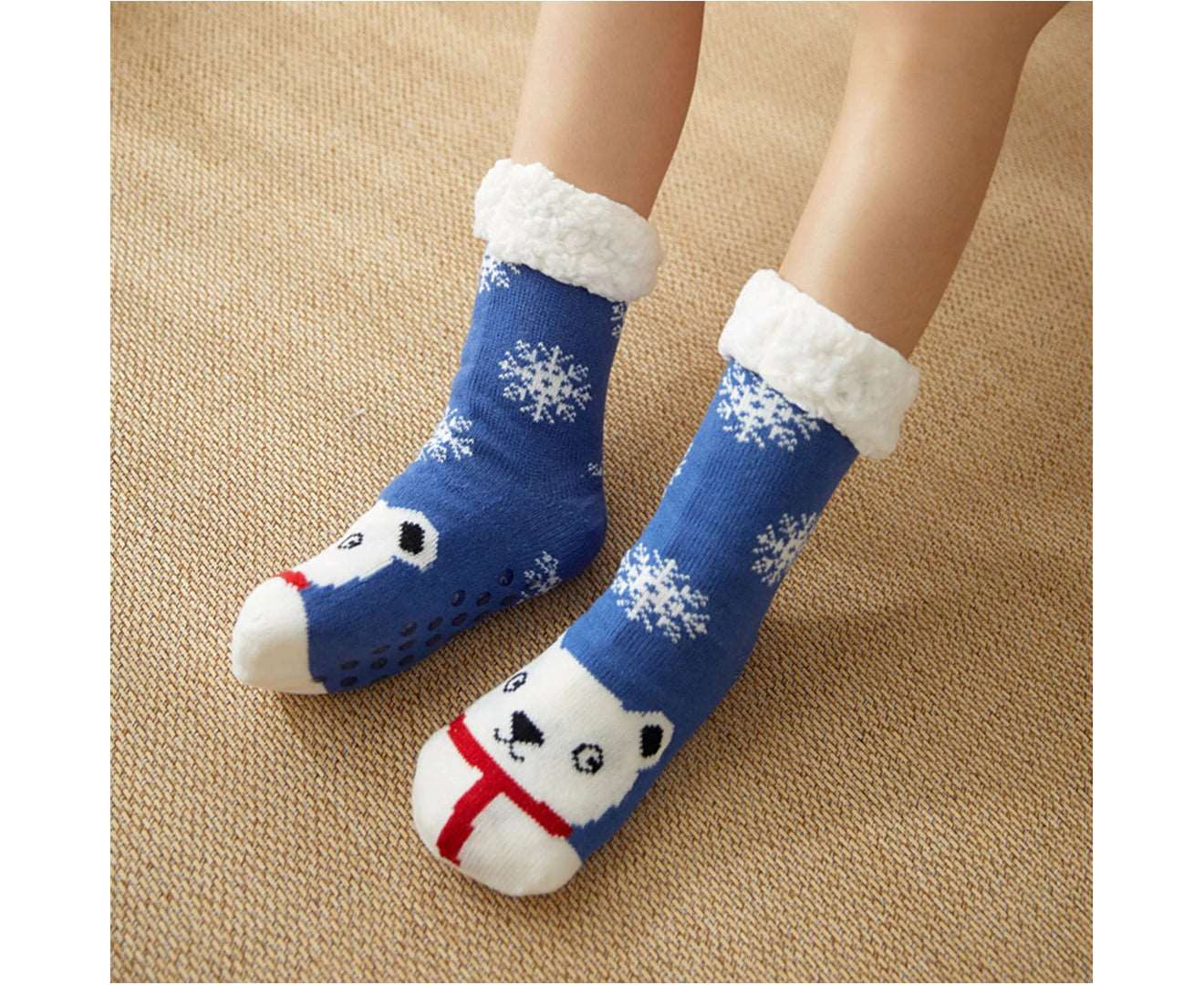 1 Pair Floor Socks Theme Stretchy Fuzzy Thickened Silicone Resistant Cozy Winter Thermal Women Indoor Home Slipper Sleeping Socks for Xmas-Blue - Blue