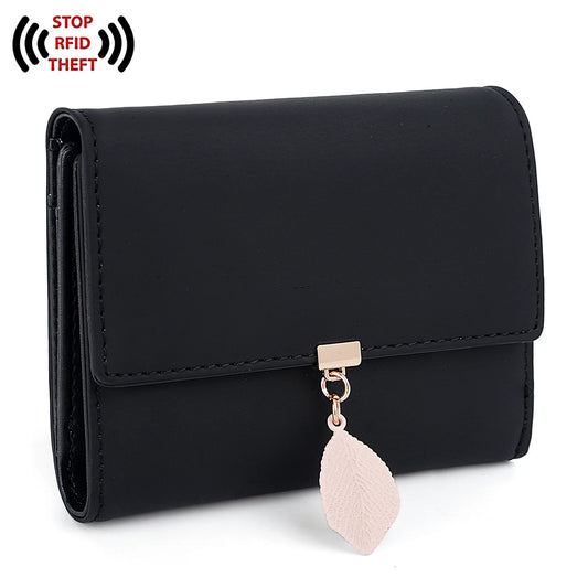 Small Wallet for Women PU Leather RFID Blocking Card Holder Zipper Coin Purse with Leaf Pendant(Black)