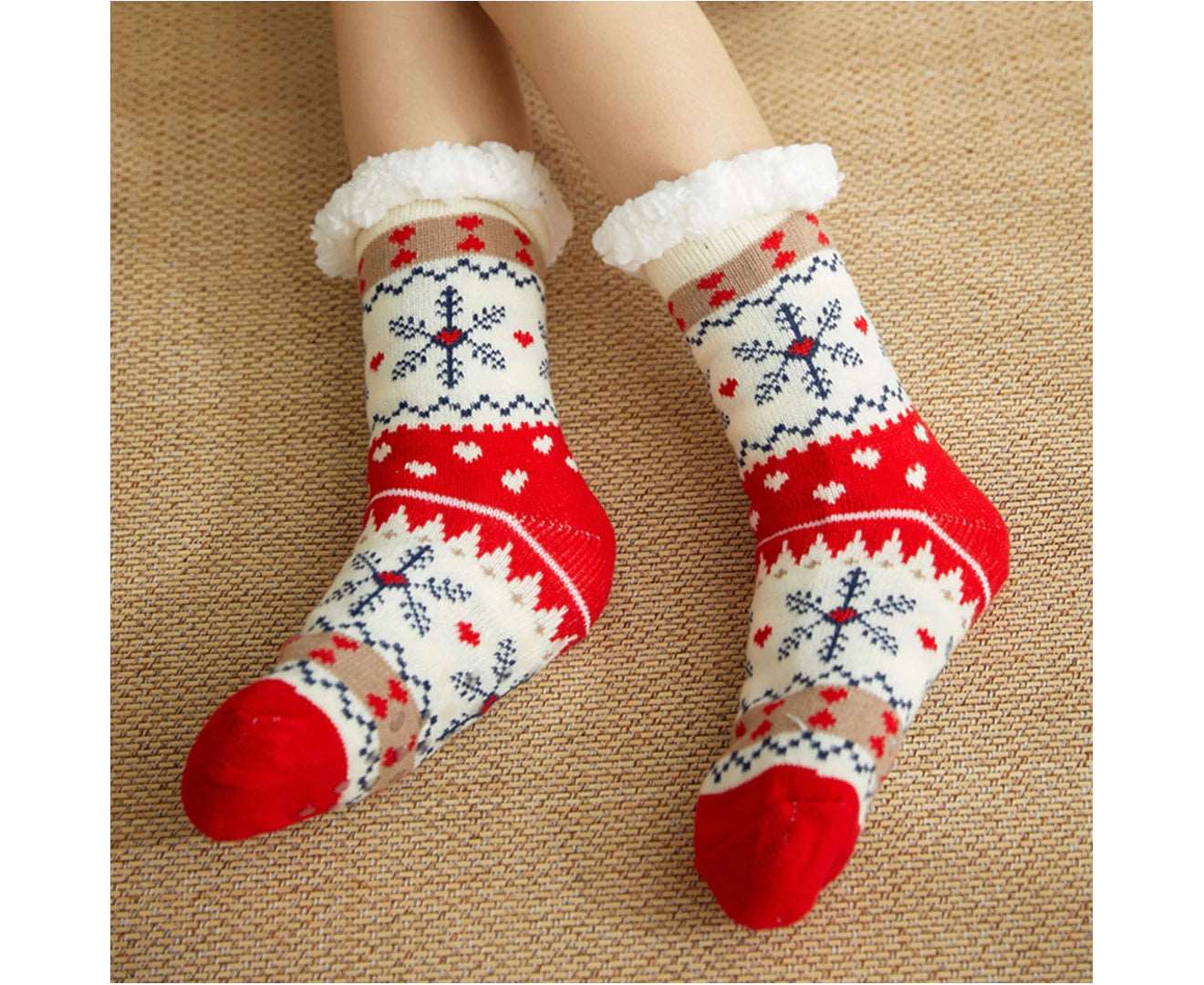 1 Pair Floor Socks Theme Stretchy Fuzzy Thickened Silicone Resistant Cozy Winter Thermal Women Indoor Home Slipper Sleeping Socks for Xmas-Red&Blue - Red & Blue