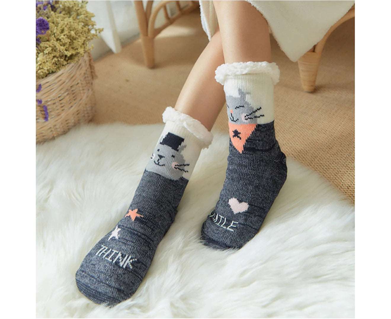 1 Pair Floor Socks Theme Stretchy Fuzzy Thickened Silicone Cozy Winter Thermal Women Indoor Home Slipper Sleeping Socks for Xmas-Grey&White - Grey & White