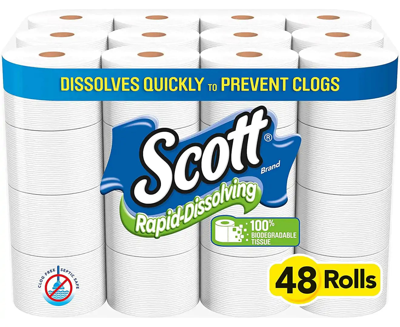 Rapid-Dissolving Toilet Paper, 48 Double Rolls (6 Packs of 8) = 96 Regular Rolls