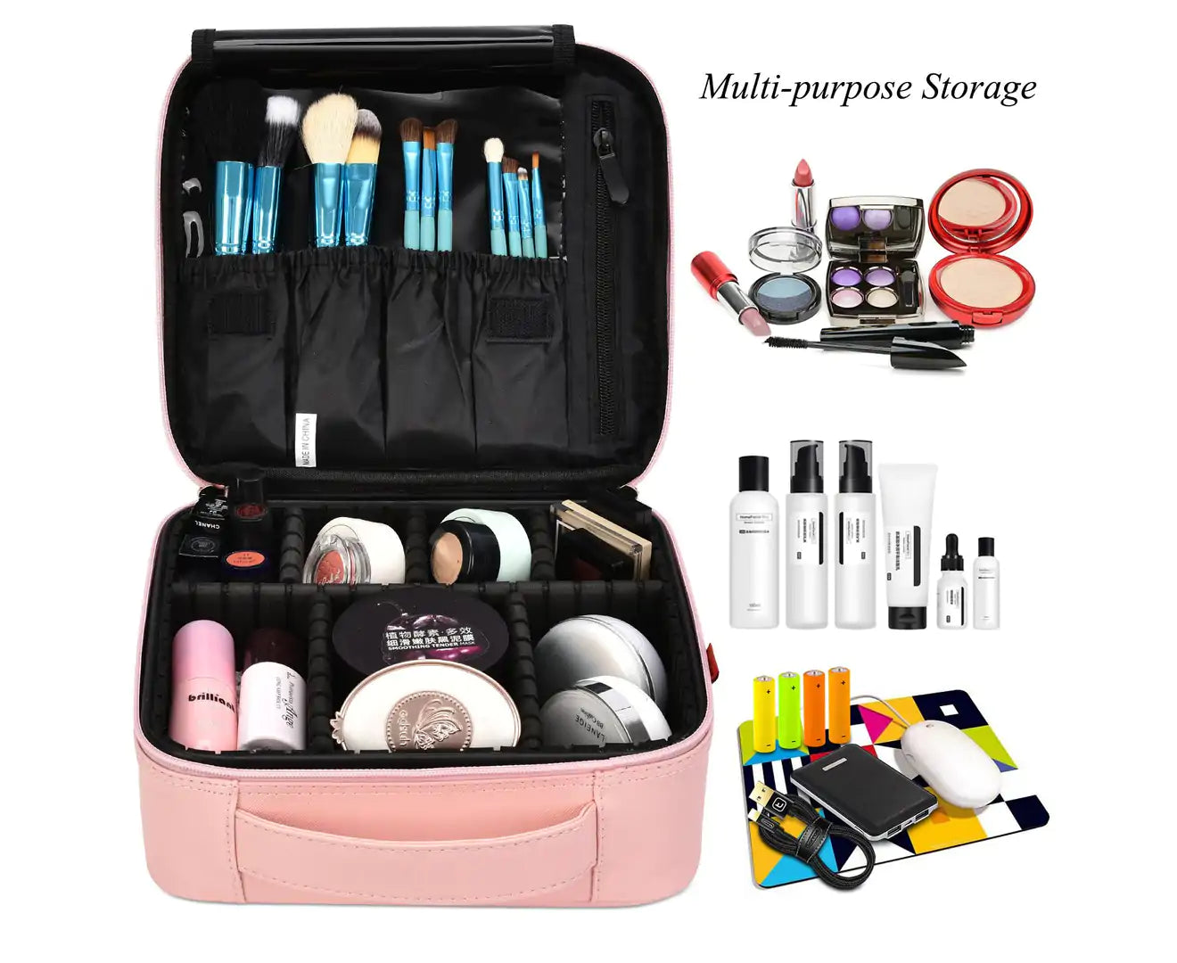 Women'S Travel Cosmetic Bag Organizer with Adjustable Dividers for Cosmetics Make up Tools Toiletry Jewelry - Rose Gold