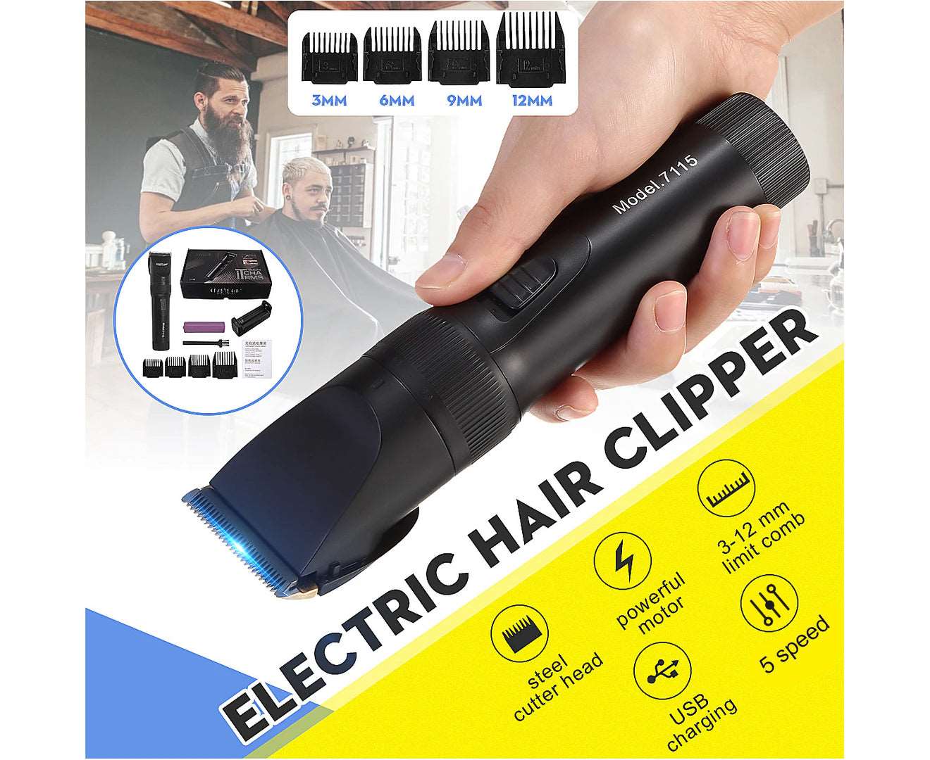 5 Speed Electric Hair Clipper USB 1500Mah Rechargeable Hair Shaver Trimmer + 4 Limit Combs