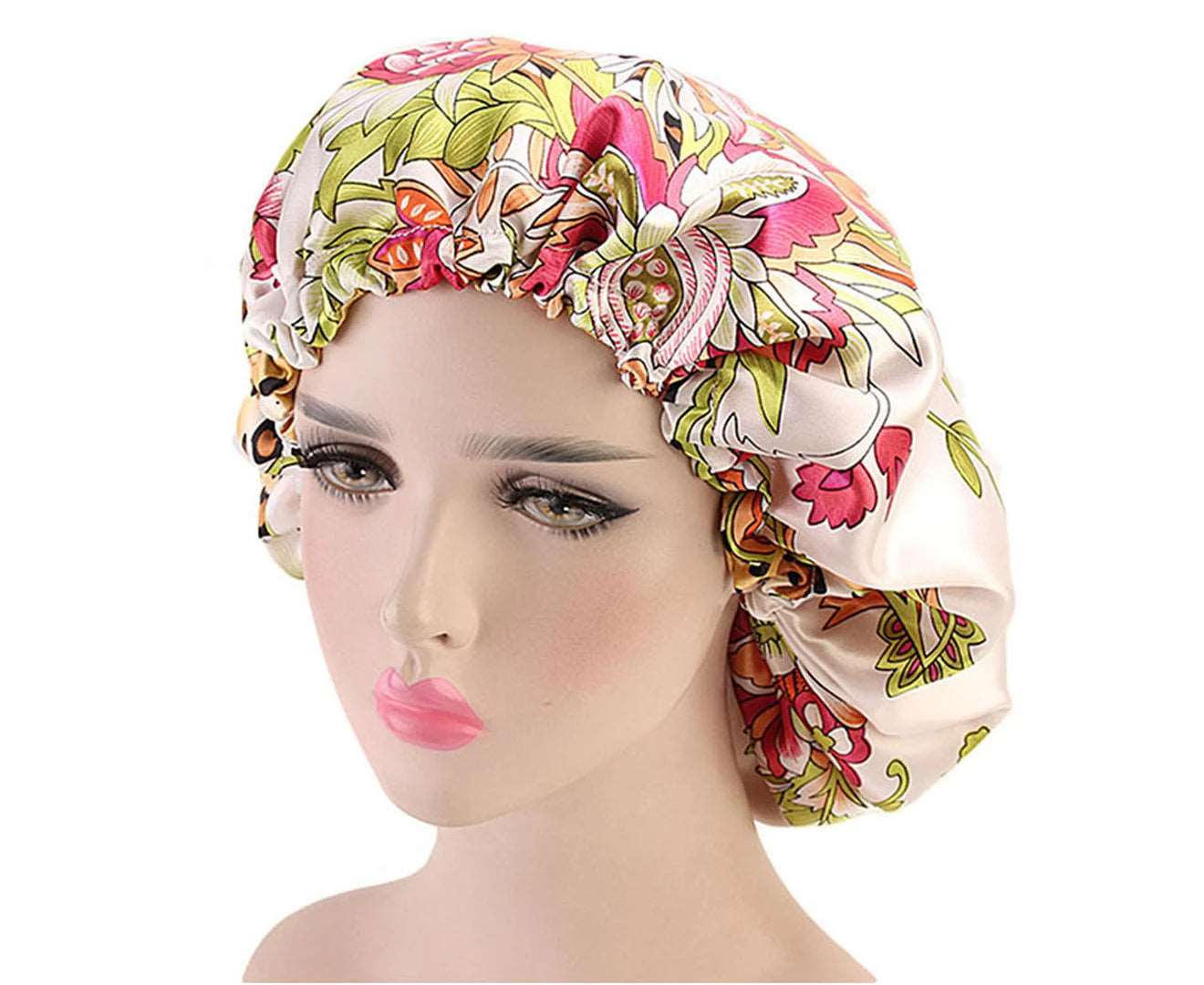 Double Sided Available Shower Cap with Elastic Clasp Polyester Sleeping Adjustable Night Sleep Cap for Woman-Cream-Coloured