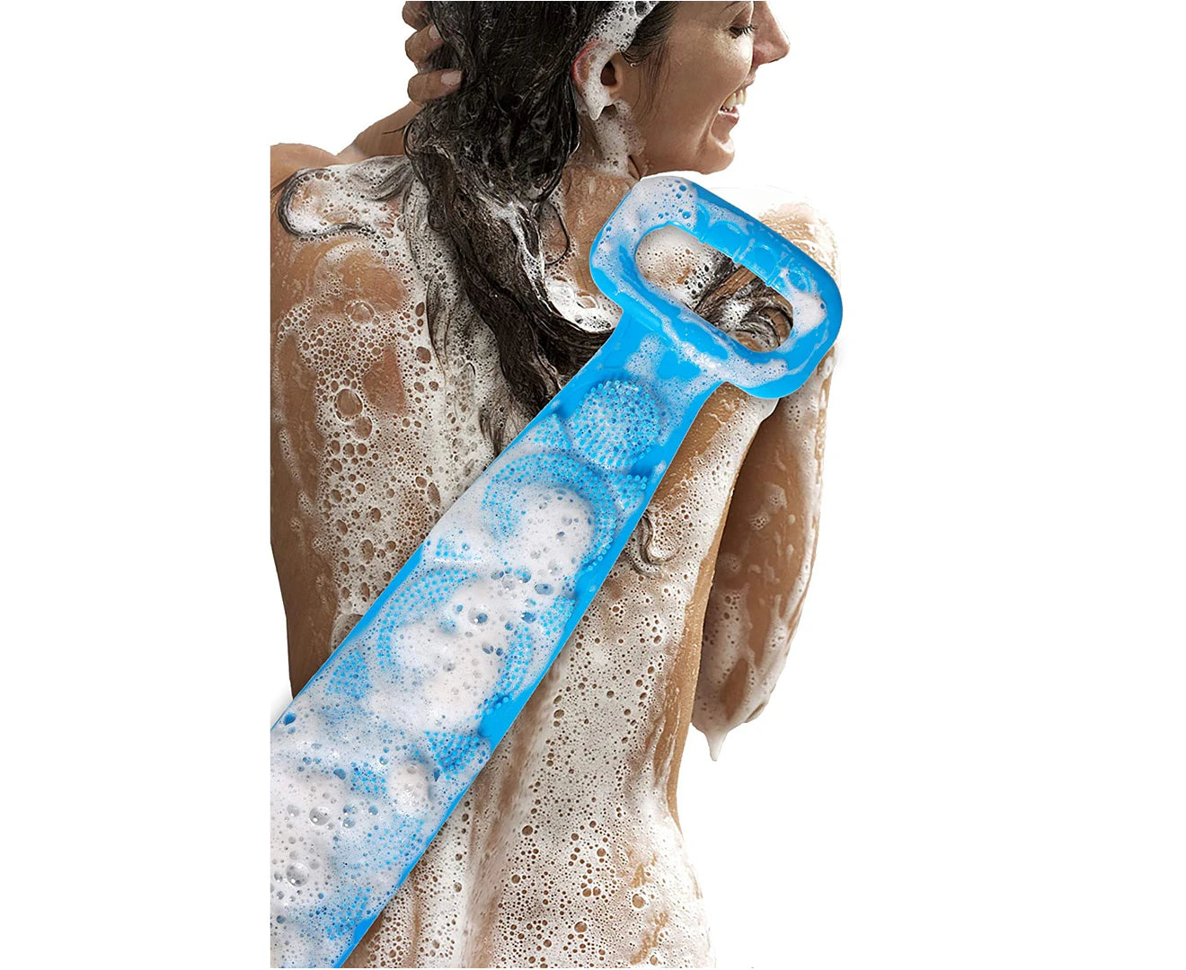 Silicone Bath Body Brush Back Scrubber Shower Towel Exfoliating Strap Long Handle Scrubbing Belt Blue