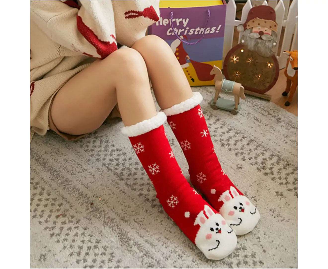 1 Pair Floor Socks Christmas Theme Stretchy Fuzzy Thickened Cold Resistant Cozy Winter Thermal Women Indoor Home Slipper Sleeping Socks for Xmas-Red&White - Red & White