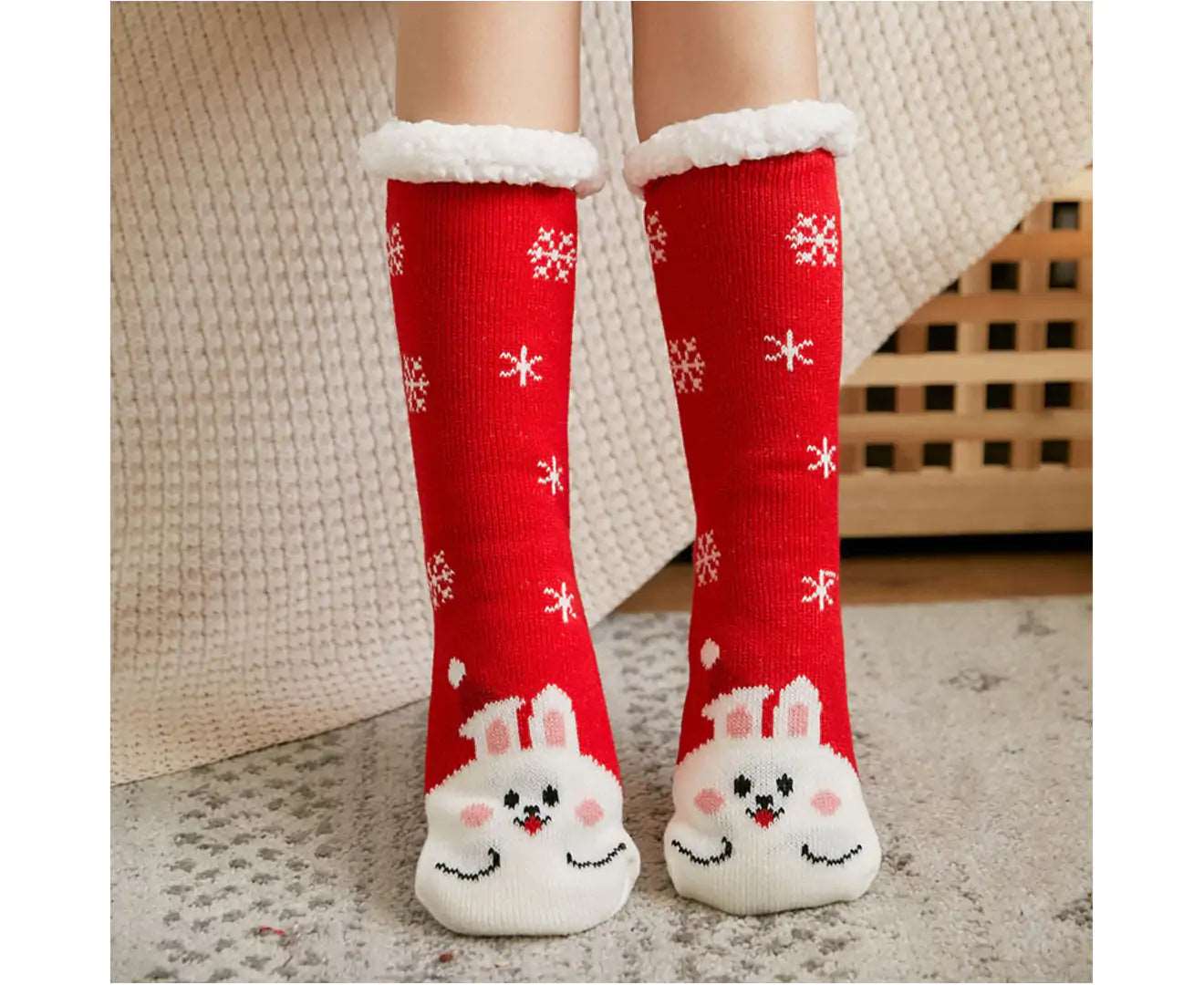 1 Pair Floor Socks Christmas Theme Stretchy Fuzzy Thickened Cold Resistant Cozy Winter Thermal Women Indoor Home Slipper Sleeping Socks for Xmas-Red&White - Red & White