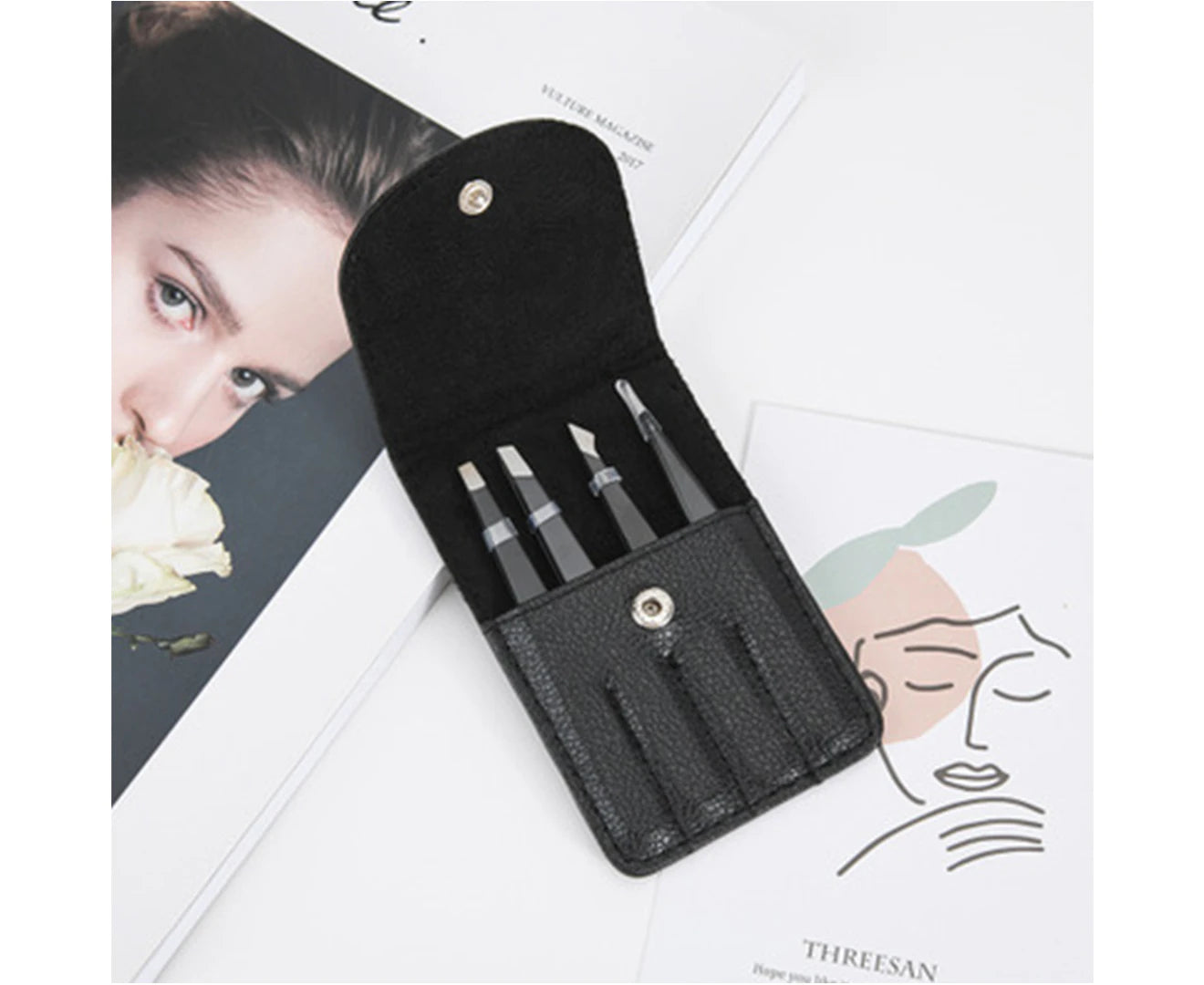 4Pcs Professional Stainless Steel Tweezers for Eyebrows (Black)