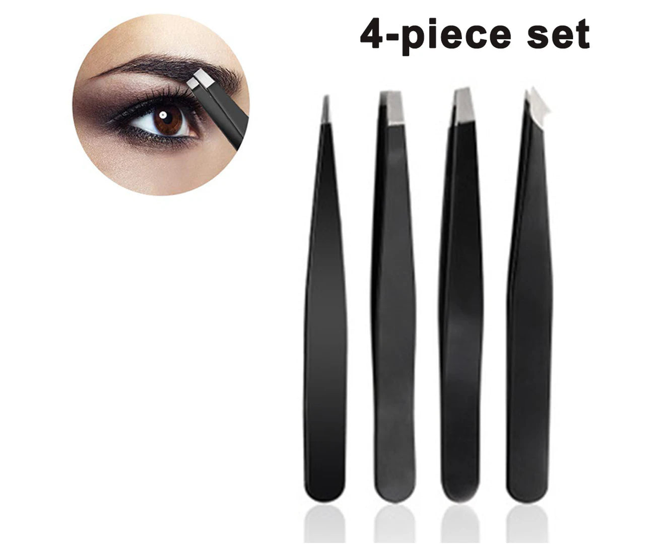 4Pcs Professional Stainless Steel Tweezers for Eyebrows (Black)