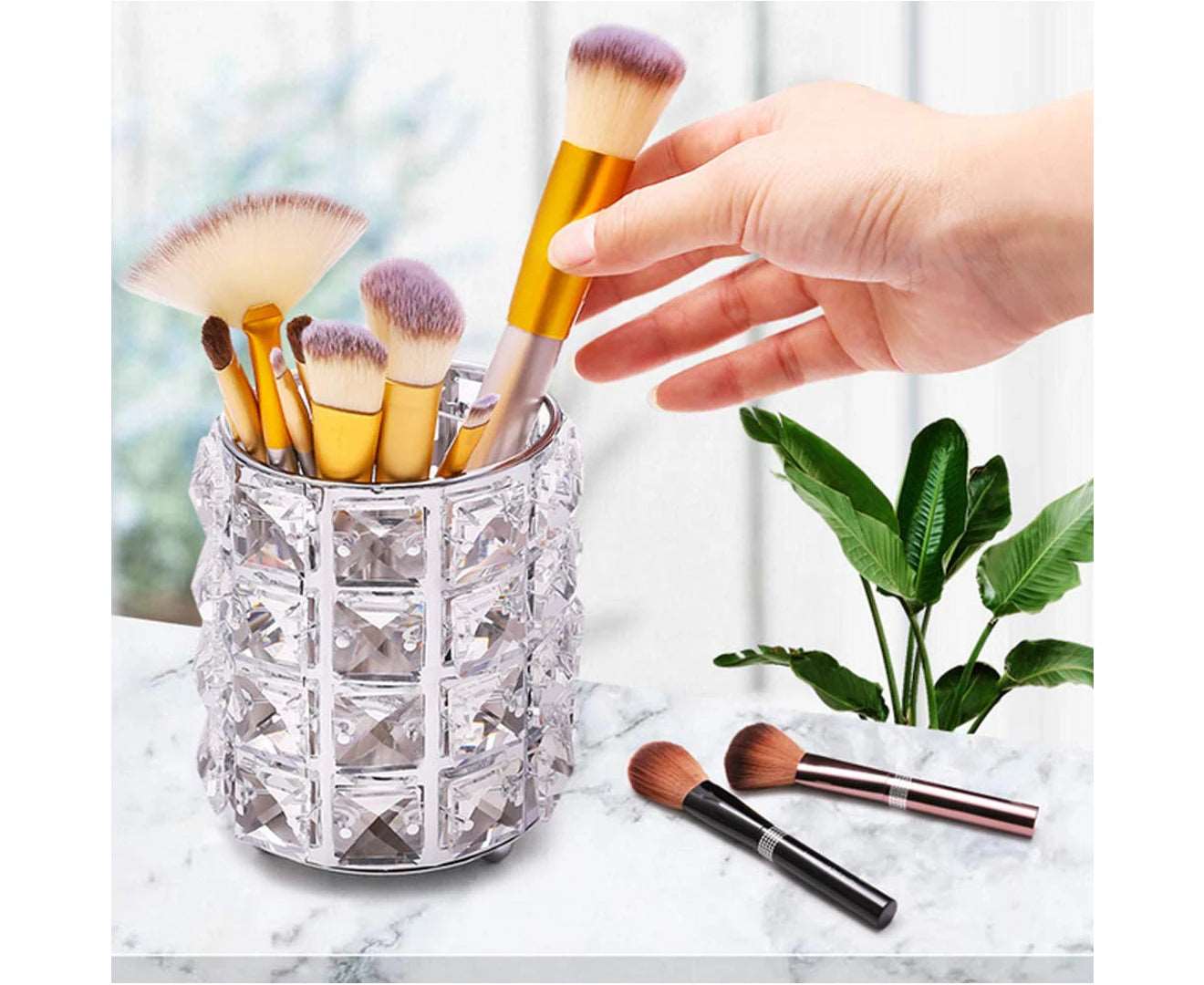 Crystal Makeup Brush Holder Organizer, Handcrafted Cosmetics Brushes Cup Storage Solution (Silver/Gold)